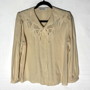 5/$25 Tan Beige Button Up Blouse with Lace Collar Detail M